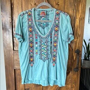 Johnny Was Teal Embroidered Blouse